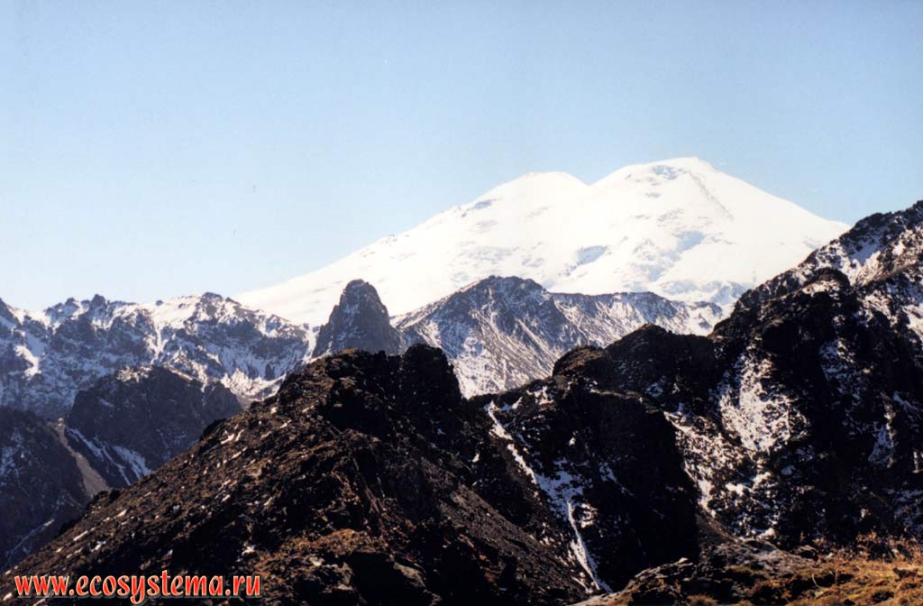 View to Elbrus Mountain (height 5642 m) from it foot (3000 m above sea level)